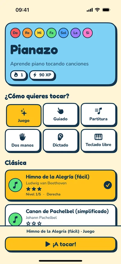 Schermata iniziale su iPhone con le sette note colorate e le sei modalità.