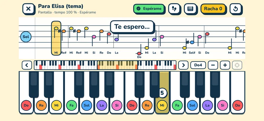 Modalità Spartito per Per Elisa su iPhone: pentagramma con note colorate e col nome.
